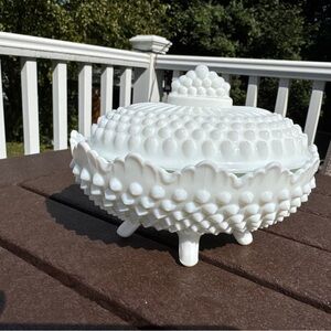 White Hobnail Milk Glass Covered Dish